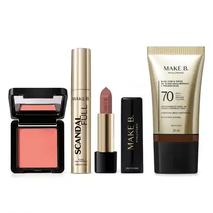 Imagem do produto Combo Make B.: Blush Em Pó Compacto Rubor + Máscara de Cílios Scandal + Batom Cremoso Rosa Rose + Base Líquida FPS 70 340Q