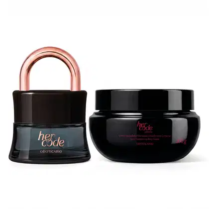 Dois produtos de beleza da marca Her Code: um frasco preto com tampa rosada e um pote preto com rótulo preto, ambos com design elegante e sofisticado.