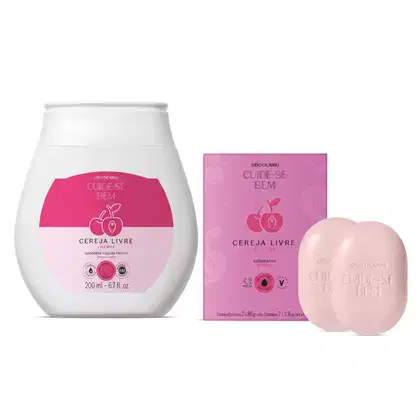 Conjunto de produtos de beleza da linha Cuide-se Bem, incluindo um frasco branco de 200 ml de sabonete líquido íntimo de cereja, uma caixa rosa com sabonetes em barra de cereja e um sabonete em barra rosa claro.