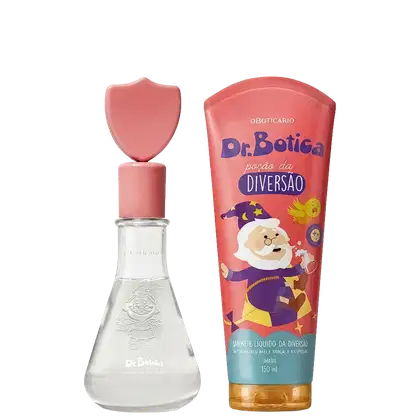 Conjunto Dr. Botica Poção da Diversão com perfume em frasco de vidro com tampa rosa em formato de escudo e sabonete líquido em embalagem coral com ilustração de mago, 150ml.
