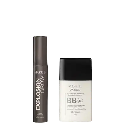 Dois produtos Make B.: Explosion Crow elixir botânico em frasco cilíndrico marrom escuro, e BB Sense Multiprotetor FPS 40 em frasco branco com tampa preta, ambos com rótulos em português.