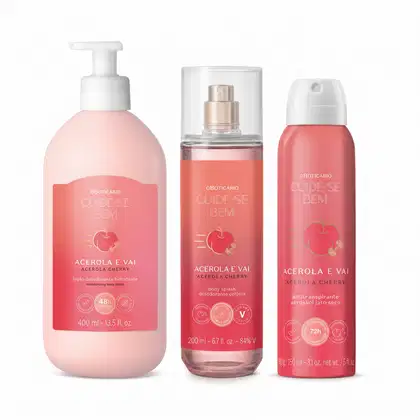 Imagem do produto Combo Cuide-se Bem Acerola e Vai: Loção Relaxante Corporal 400ml + Body Splash 200ml + Desodorante Antitranspirante Aerossol 150ml