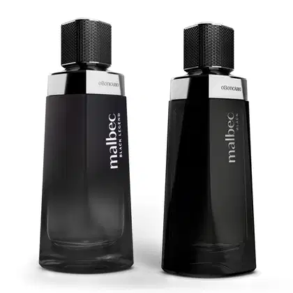 Dois frascos do desodorante colônia Malbec, sendo um da linha Black e outro da linha Black Legend. As duas embalagens são pretas, com tampa texturizada, detalhes e letras prateadas. Uma embalagem estilosa que sugere uma fragrância para homens intensos.