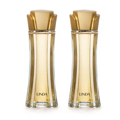 Imagem de dois frascos de desodorante colônia Linda, em embalagem de vidro transparente com líquido bege e tampa em formato de flor na cor dourada. O rótulo traz o nome da marca em letras pretas. Transmite beleza e elegância.