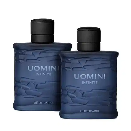 Imagem de dois frascos de desodorante colônia Uomini Infinite, em embalagem de vidro azul-marinho com texturas, tampa preta e rótulo azul destacando o nome da marca. Cada recipiente traz 100ml de produto.