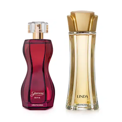 Imagem de dois itens de perfumaria feminina, sendo um vidro na cor vinho com formato curvilíneo e borrifador dourado da marca Glamour Diva e outro vidro transparente com líquido bege e tampa dourada em formato de flor da marca Linda.