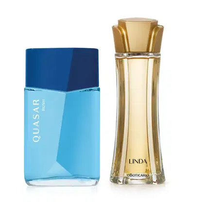 Imagem de dois itens de perfumaria O Boticário: um vidro azul-claro com tampa azul-marinho da marca Quasar Rush e um vidro transparente, com líquido bege e tampa dourada em forma de flor da marca Linda.