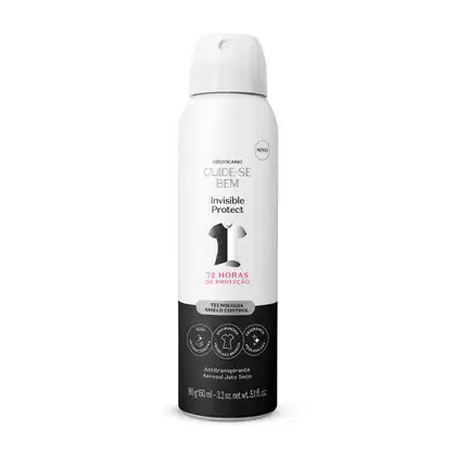 Frasco branco com detalhe e letras pretas e ilustração de uma camiseta preta e branca no rótulo, contendo 90g/150ml de antitranspirante aerossol jato seco da marca Cuide-se Bem Invisible Protect.