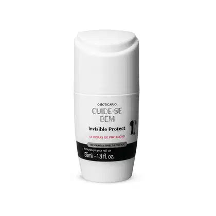 Frasco branco com detalhe e letras pretas contendo 55ml de antitranspirante roll-on da marca Cuide-se Bem Invisible Protect;
