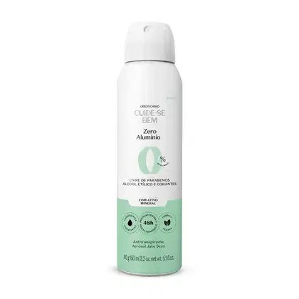 Frasco spray branco com detalhe azul e letras pretas contendo 90g/150ml de antitranspirante aerossol jato seco da marca Cuide-se Bem Zero Alumínio.