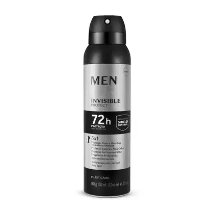 Frasco preto e prateado com letras brancas e pretas contendo 90g/150ml de antitranspirante aerossol jato seco da marca Men Invisible Protect.