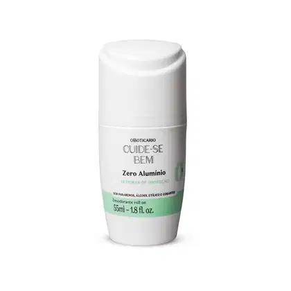 Frasco branco com detalhe azul e letras pretas contendo 55ml de desodorante roll-on Cuide-se Bem Zero Alumínio.