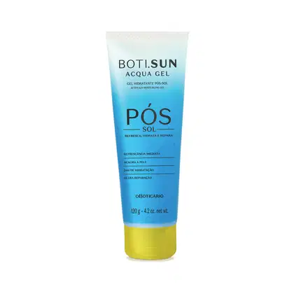 Bisnaga em tons de azul com tampa amarela e letras pretas contendo 120g de gel hidratante pós-sol Acqua Gel da marca Boti.Sun.