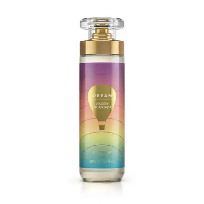 Imagem do frasco de body splash Dream Viagem Encantada, em embalagem cilíndrica com tampa transparente e válvula spray dourada. O rótulo é volorido em tons de roxo, rosa e azul e traz um balão ilustrativo. O recipiente conta com 200ml de produto.