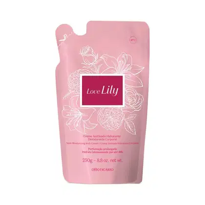 Refil de creme acetinado desodorante hidratante corporal da marca Love Lily em sachê de 250g na cor bege com detalhes dourados e rótulo marrom claro.