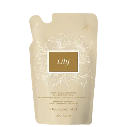Sachê refil do Creme Acetinado Hidratante Desodorante Corporal Lily o Boticário.