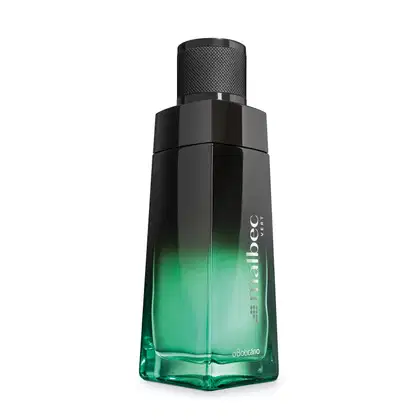 Vidro em formato geométrico com degradê de preto e verde, tampa preta e letras brancas contendo 100ml de desodorante colônia da marca Malbec Vert.