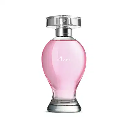 Vidro curvilíneo transparente com liquido rosa, pulverizador prateado e tampa cristal contendo 100ml de desodorante colônia Boticollection Anni.