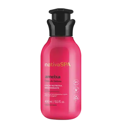 Frasco de loção corporal nutritiva e desodorante da marca Nativa SPA, com óleo de quinoa. Embalagem plástica rosa brilhante com rótulo e tampa preta. Contém 400 ml.