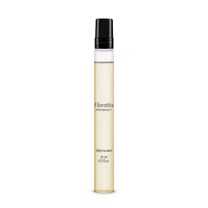 Imagem de um frasco cilíndrico contendo 10ml do desodorante colônia Floratta Rose Bouquet. A embalagem é transparente, contém líquido bege e possui tampa e rótulo pretos.