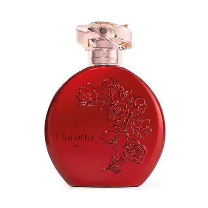 Frasco de item de perfumaria da marca Floratta Red em formato arredondado na cor vermelha, com relevo de flores, nome da marca em relevo e tampa acrílica transparente com borrifador dourado.