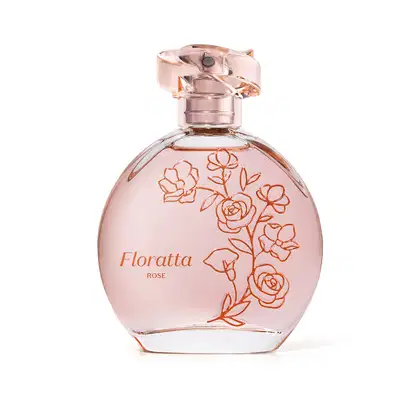Imagem de vidro do desodorante colônia da marca Floratta Rose na cor rosa com desenhos de flores em vermelho, rótulo com nome em destaque. Uma fragrância feminina e cheia de estilo. O recipiente traz 75ml da fragrância.
