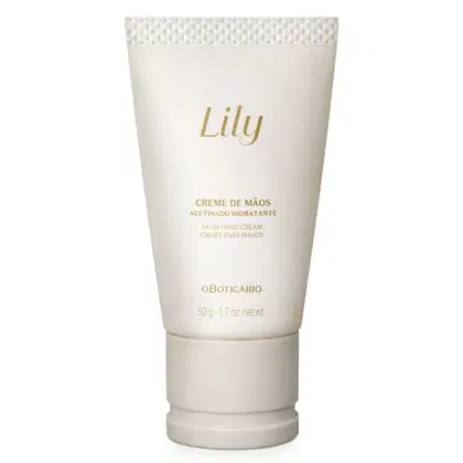 Bisnaga branca com tampa bege e letras marrons contendo 50g de creem de mãos acetinado hidratante da marca Lily.