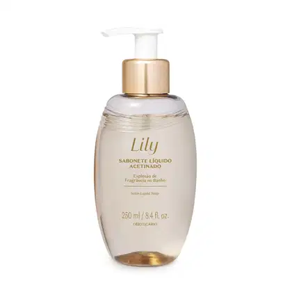Frasco ovalado bege com letras marrons, detalhe dourado e bomba dosadora branca contando 250ml de sabonete líquido acetinado da marca Lily.