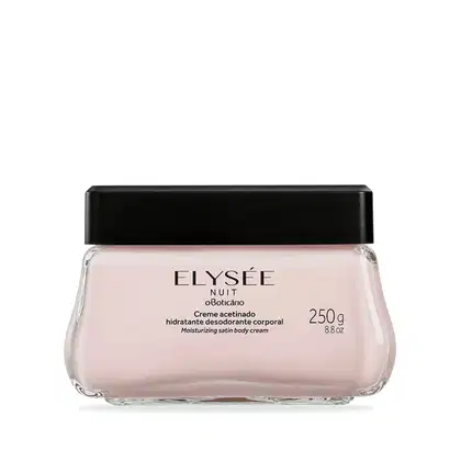 Pote de vidro transparente com conteúdo branco, tampa e letras pretas, contendo 250g de creme acetinado hidratante corporal da marca Elysée Nuit.
