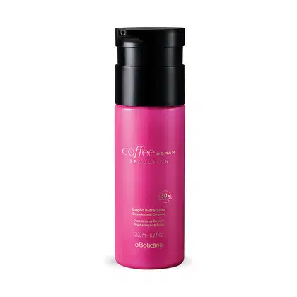 Frasco rosa com tampa preta e letras douradas contendo 200ml de loção hidratante corporal da marca Coffee Woman Seduction.