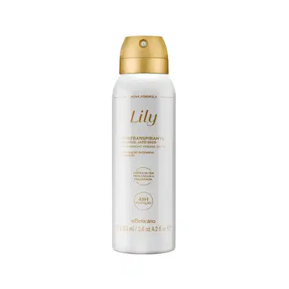 Frasco branco com tampa e letras douradas contendo 75g/125ml de desodorante antitranspirante aerossol da marca Lily.