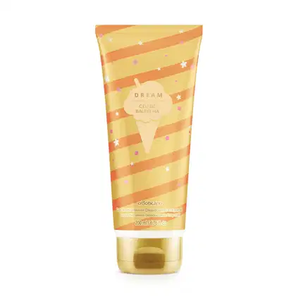Bisnaga dourada e laranja com tampa dourada e sorvete ilustrado contendo 200ml de loção hidratante corporal da marca Dream Céu de Baunilha.