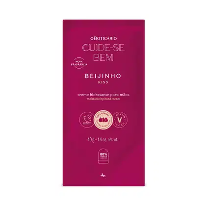 Refil de creme hidratante para as mãos da marca Cuide-se Bem Beijinho em sachê de 40g na cor vinho com letras bege.