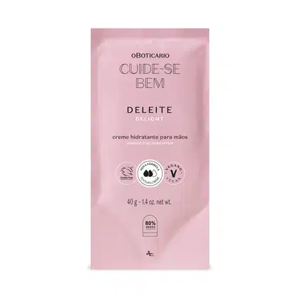 Refil de creme hidratante para as mãos da marca Cuide-se Bem Deleite em sachê de 40g na cor rosa com letras pretas.