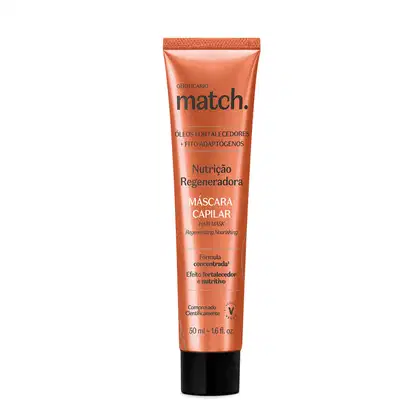 Bisnaga laranja metalizada com tampa preta e letras brancas e pretas contendo 50ml de máscara capilar da marca Match Nutrição Regeneradora.