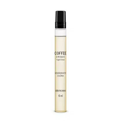 Frasco cilíndrico transparente com líquido amarelado tampa preta de Desodorante Colônia Coffee Man Unique em tamanho compacto de 10ml.