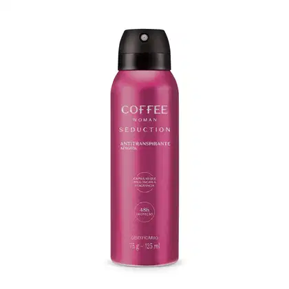 Imagem de um frasco roxo com tampa preta e letras brancas contendo 75g/125ml de desodorante antitranspirante aerossol da marca Coffee Woman Seduction.