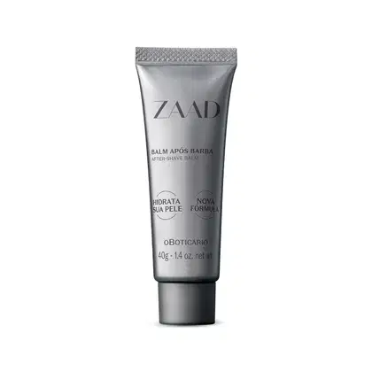 Frasco de balm pós-barba Zaad, com embalagem de 40g prateada e textura metálica, contendo informações sobre a fórmula hidratante em rótulo branco.