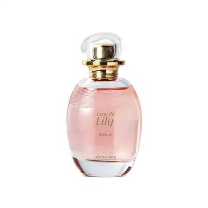 Vidro transparente oval com líquido rosa, borrifador dourado e tampa transparente contendo 75ml de desodorante colônia L'eau de Lily Soleil.