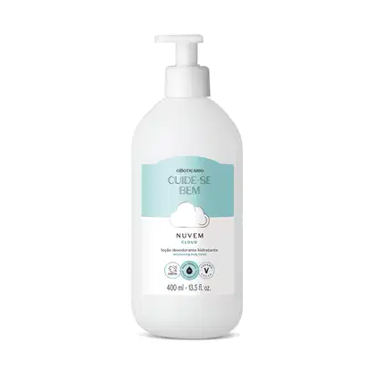 Frasco branco com bomba dosadora e rótulo em azul claro e branco com nuvens ilustradas contendo 400ml de loção hidratante corporal Cuide-se Bem Nuvem.