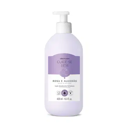 Frasco de 400ml na cor branca com rótulo lilás e branco com ilustração de uma flor de algodão contendo loção hidratante corporal Cuide-se Bem Rosa e Algodão.