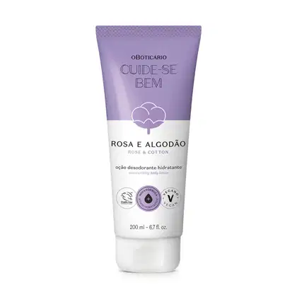Frasco lilás e branco com flor de algodão ilustrada no rótulo contendo 200ml de loção hidratante corporal da marca Cuide-se Bem Rosa e Algodão.