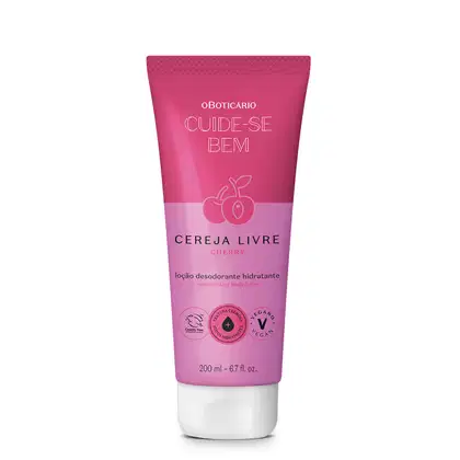 Frasco em tom de rosa e roxo com letras amarelas e brancas e pretas com ilustração de cerejas contendo 200ml de loção hidratante corporal da marca Cuide-se Bem Cereja Livre.