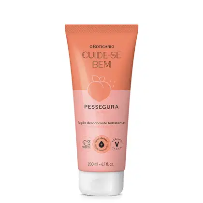Loção desodorante hidratante corporal da linha Cuide-se Bem da marca Oboticario. Embalagem plástica tubular na cor coral com detalhes em rosa claro. Contém selos indicando produto vegano, cruelty-free e nova fórmula.