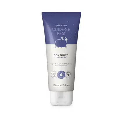 Bisnaga de loção hidratante corporal Cuide-se Bem Boa Noite em tons de azul escuro e lilás com ovelhinha ilustrada contendo 100ml do produto.