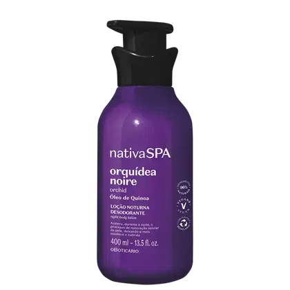 Frasco de loção corporal noturna da linha Nativa SPA, com embalagem roxa e preta, contendo 400 ml do produto "Orquídea Noire" com óleo de quinoa.