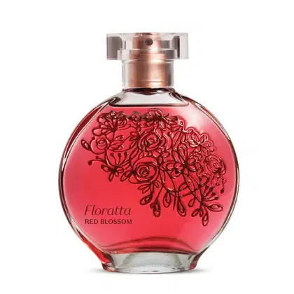 Vidro arredondado transparente com líquido vermelho, florais em relevo e letras na cor vinho, borrifador dourado e tampa cristal contendo 75ml de desodorante colônia Floratta Red Blossom.