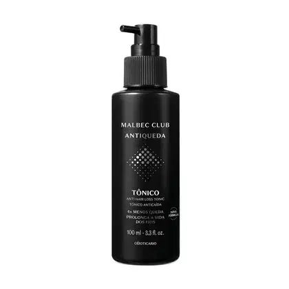 Frasco preto co bico dosador e letras brancas contendo 100ml de tônico capilar da marca Malbec Club Antiqueda.