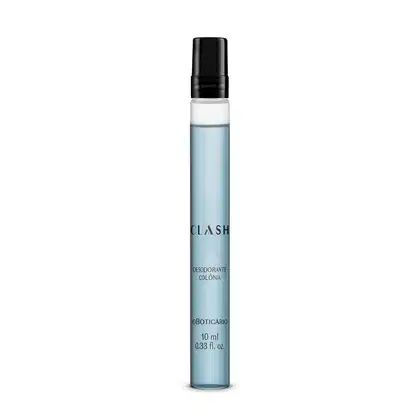 Vidro transparente cilíndrico com líquido azul e tampa preta contendo 10ml de desodorante colônia Clash.