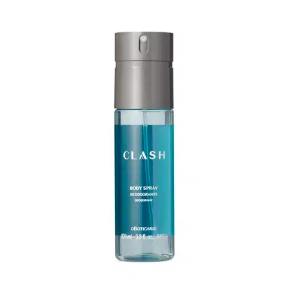 Frasco cilíndrico de spray corporal da marca Clash, com corpo transparente e tampa borrifadora cinza, contendo líquido azul-esverdeado, com texto "CLASH BODY SPRAY DESODORANTE" impresso no rótulo.